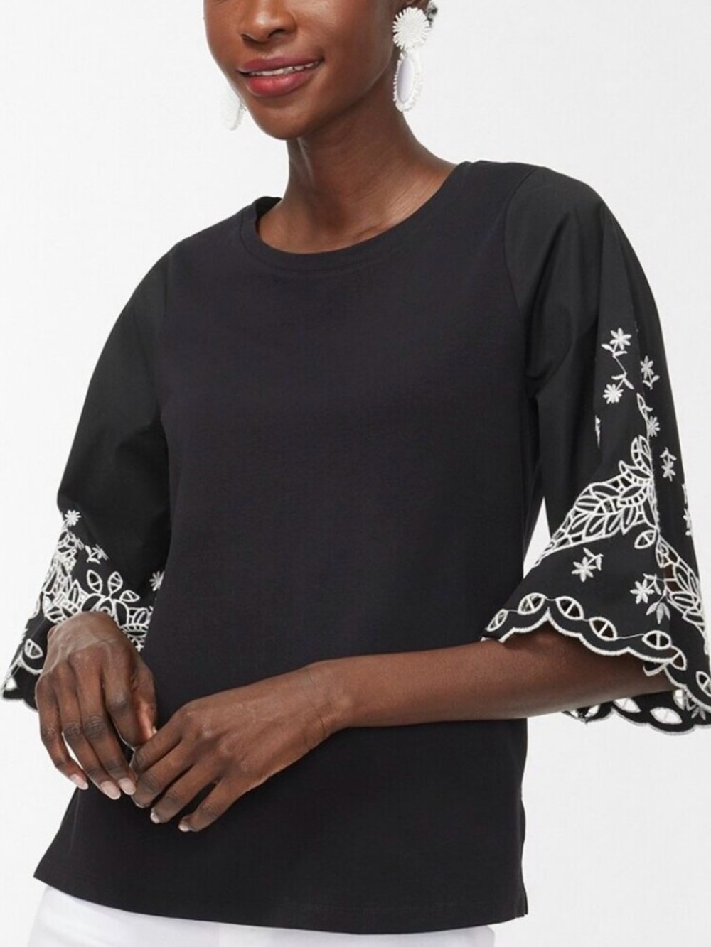 chicos black t shirt white eyelet detailing